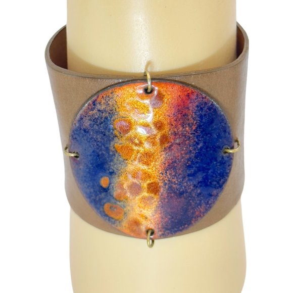 Leighelena GENUINE Leather Metallic Cuff Bracelet with Enamel Centerpiece - Picture 7 of 13